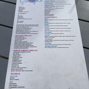Tiki Bar - The menu-our waitress said off season they do not carry any fresh fruit purées or juice for crush drinks - Tiki Bars Near Me - Solomons, Maryland Tiki Bar - The menu-our waitress said off season they do not carry any fresh fruit purées or juice for crush drinks - Tiki Bars Near Me - Solomons, Maryland