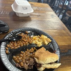 A & B BBQ - Bbq brisket sandwich, hash brown casserole, and baked beans