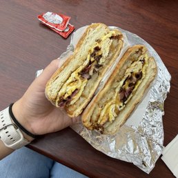 Beef bacon egg and cheese add a hash brown on a Kaiser roll Beef bacon egg and cheese add a hash brown on a Kaiser roll
