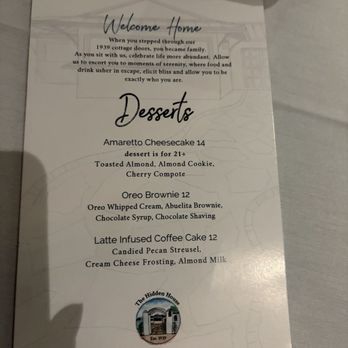 The Hidden House - Dessert menu (coffee cake is now pumpkin) - New American Near Me - Chandler, Arizona The Hidden House - Dessert menu (coffee cake is now pumpkin) - New American Near Me - Chandler, Arizona