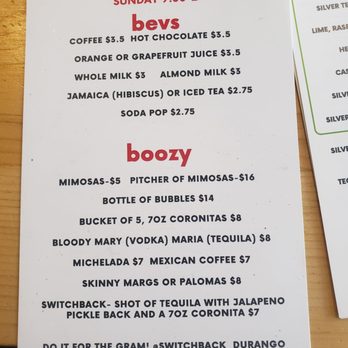 Switchback - As of February 2020 brunch drinks - Tacos Near Me - Durango, Colorado