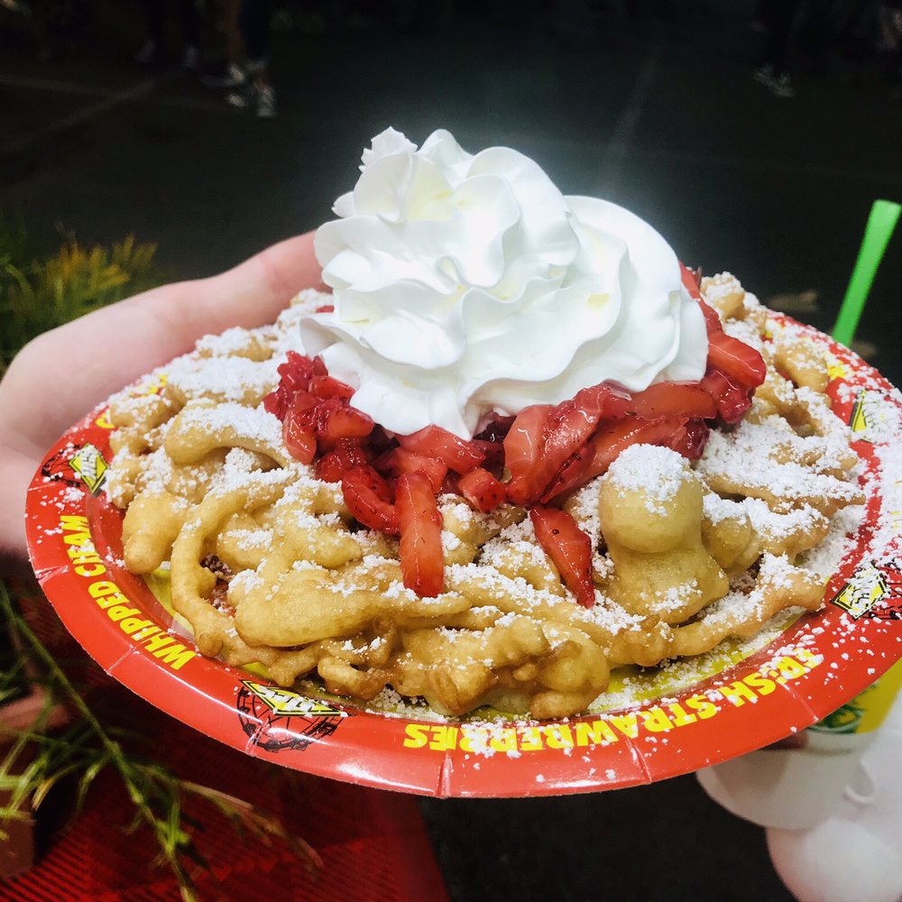 Arizona State Fair - Funnel cake with strawberries and whipped cream. - Amusement Parks Near Me - Phoenix, Arizona Arizona State Fair - Funnel cake with strawberries and whipped cream. - Amusement Parks Near Me - Phoenix, Arizona