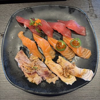 Its Sushi - garlic tuna, tuna, salmon, xxx salmon, cajun tuna, cajun salmon (left to right, top to bottom) nigiri - Sushi Bars Near Me - Roseville, California Its Sushi - garlic tuna, tuna, salmon, xxx salmon, cajun tuna, cajun salmon (left to right, top to bottom) nigiri - Sushi Bars Near Me - Roseville, California