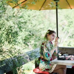 House on Metolius - Maid of honor getting ready at the powerhouse cabin