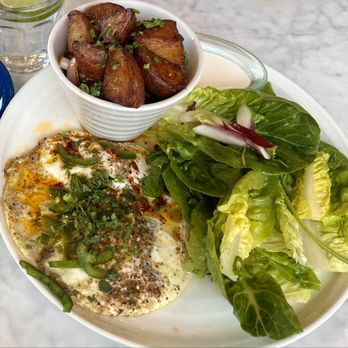 un caffe altamura - lemon + herb + za'atar eggs eggs to preference with chili oil, herb blend, citrus, serrano pepper served with simple salad + caper potatoes - Cafes Near Me - Manhattan Beach, California