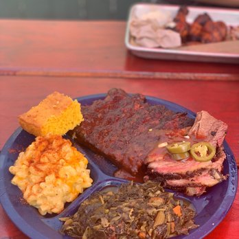 Dinosaur Bar-B-Que - 1/2 ribs and 1/2 pork, with Mac and greens - Barbeque Near Me - Syracuse, New York Dinosaur Bar-B-Que - 1/2 ribs and 1/2 pork, with Mac and greens - Barbeque Near Me - Syracuse, New York