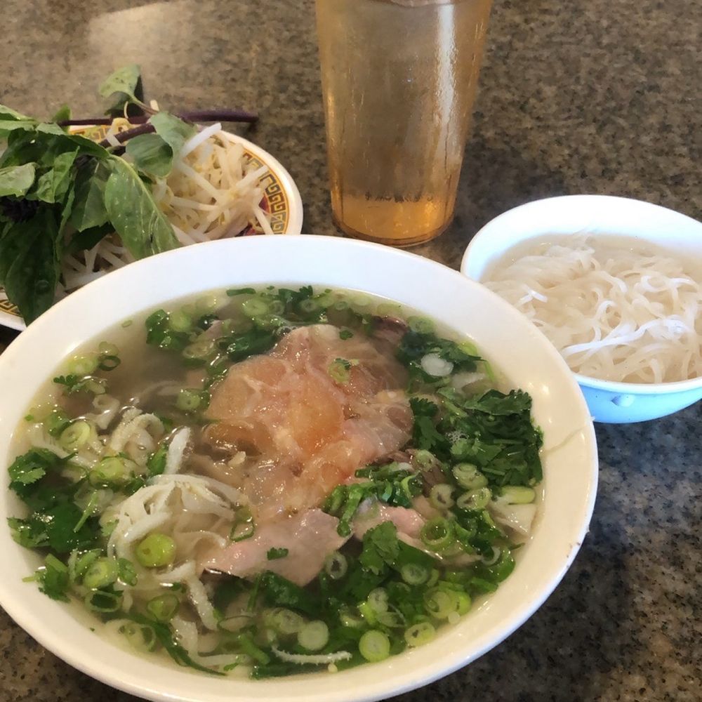 Pho 75 - Soup Slices of Eye-Round Steak and Soft Tendon with side of extra noodles - Vietnamese Near Me - Falls Church, Virginia Pho 75 - Soup Slices of Eye-Round Steak and Soft Tendon with side of extra noodles - Vietnamese Near Me - Falls Church, Virginia