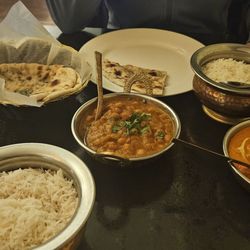 Walla Walla Indian Cuisine - Rice, chicken tikka masala, chana masala, and mint naan.