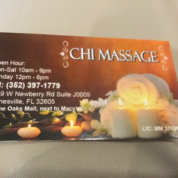 Chi Massage - Regular mall hours... no excuse guys, bring your girls shopping and get a massage! - Massage Therapy Near Me - Gainesville, Florida Chi Massage - Regular mall hours... no excuse guys, bring your girls shopping and get a massage! - Massage Therapy Near Me - Gainesville, Florida