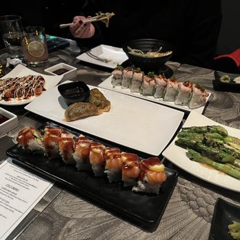 Moshi Moshi - Shrimp Gyoza (house-made), Grilled Asparagus, Golden Gate Roll, another roll (can't remember name), a fried. raw-salmon appetizer. - Sushi Bars Near Me - San Francisco, California