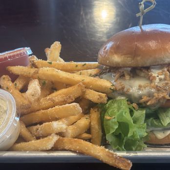 Hangar 24 Craft Brewing - Swiss Mushroom Cloud Burger with truffle fries upgrade - Venues & Event Spaces Near Me - Irvine, California