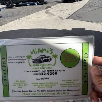 Miami's Auto Detailing - Claim check for Miami's - Car Wash Near Me - San Pedro, California Miami's Auto Detailing - Claim check for Miami's - Car Wash Near Me - San Pedro, California