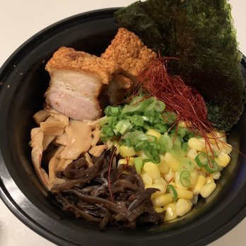 Soup Shack - Brookline - Black Tonkotsu ramen take out - fried pork belly and also Cha shu pork! (It's underneath all the other stuff) - Ramen Near Me - Brookline, Massachusetts Soup Shack - Brookline - Black Tonkotsu ramen take out - fried pork belly and also Cha shu pork! (It's underneath all the other stuff) - Ramen Near Me - Brookline, Massachusetts