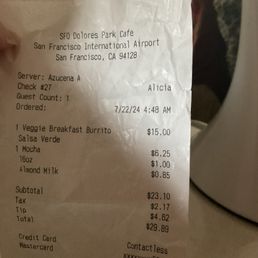Receipt for burrito and drink