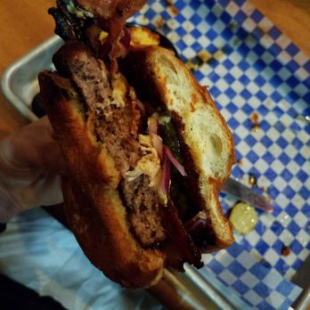 Famous Dave's Bar-B-Que - Build your own burger with bacon and blue cheese - Barbeque Near Me - Yuma, Arizona Famous Dave's Bar-B-Que - Build your own burger with bacon and blue cheese - Barbeque Near Me - Yuma, Arizona