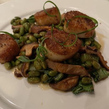 Johnny Delmonico's Steakhouse - Seared Scallops with shiitake mushrooms, wilted greens, edamame - scallops were great  everything else eh. - Steakhouses Near Me - Madison, Wisconsin