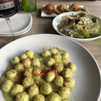 Barbusa - Chianti, Gnocchi with pistachio pesto (added a dash of salt and Parmesan cheese and it was amazing), zucchini blossoms, Busalacchi Caesar - Italian Near Me - San Diego, California