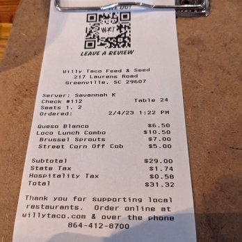 Willy Taco - Feed & Seed - The cost of items I was told would be a "slight upcharge." The manager took off the brussel sprouts when I complained. - Tacos Near Me - Greenville, South Carolina Willy Taco - Feed & Seed - The cost of items I was told would be a "slight upcharge." The manager took off the brussel sprouts when I complained. - Tacos Near Me - Greenville, South Carolina