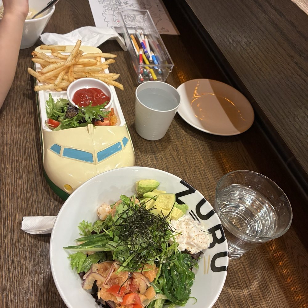 ZUBU - Kids meal: juice box, mini chicken ramen, fries, fried shrimp and salad, we asked for no karaage.  Entree: Poke bowl. - Ramen Near Me - Burnaby, British Columbia