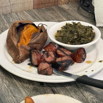 Hillbilly’s Barbeque & Steaks - Sausage, sweet potato, and greens - Steakhouses Near Me - Lowell, North Carolina