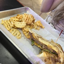 Dirty Martini Restaurant & Lounge - Burger Quesadilla and Waffle fries.