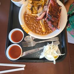 Fritze's BBQ & Catering - BBQ baby back rib plate with pinto beans & some type of fried potatoes
