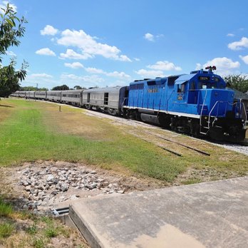 Austin Steam Train Association - The Hill Country Flyer, locomotive train arrives at the Burnet train Depot - Trains Near Me - Cedar Park, Texas