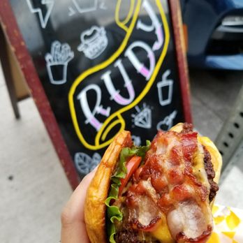 Rudy - Rude Dude (double cheeseburger) Tatooed (bacon), $9.69+$1.99 - Burgers Near Me - Toronto, Ontario