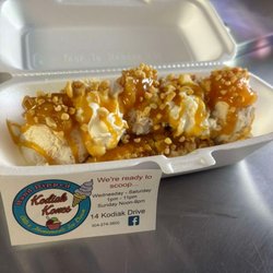 Kodiak Kones - Apple Pie Split....hope your hungry! Homemade apple pie ice cream with apple filling, caramel, nuts and whip cream.