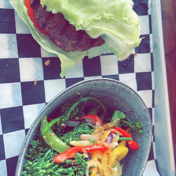 Champions - Green style burger and broccoli with peppers and onions - American Near Me - Atlanta, Georgia