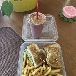 California sandwich on rye with fries and bee pollen smoothie California sandwich on rye with fries and bee pollen smoothie