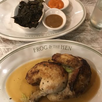 Frog & the Hen - Half Roasted Chicken and collard greens. Two sauces for chicken. Very bleh. Chicken tastes like rotisserie. - Southern Near Me - Augusta, Georgia