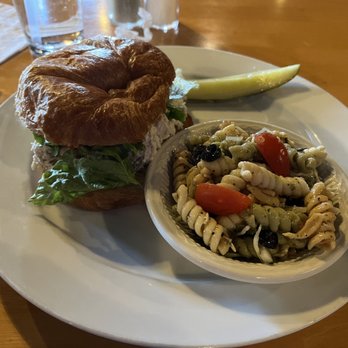 Freight House Restaurant - Signature chicken salad croissant with side of Italian pasta salad. - New American Near Me - Hartselle, Alabama