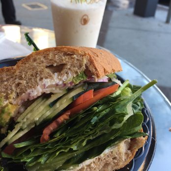 Da Juice Bar - Vegetarian sandwich with an almond ice blended boba in the back. - Juice Bars & Smoothies Near Me - Glendale, California Da Juice Bar - Vegetarian sandwich with an almond ice blended boba in the back. - Juice Bars & Smoothies Near Me - Glendale, California