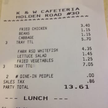 K&W Cafeteria - Total for 2 nice lunches, $13.61. They don't have a Tasting Menu here, but the fodd is good, and the value is even better. - American Near Me - Greensboro, North Carolina