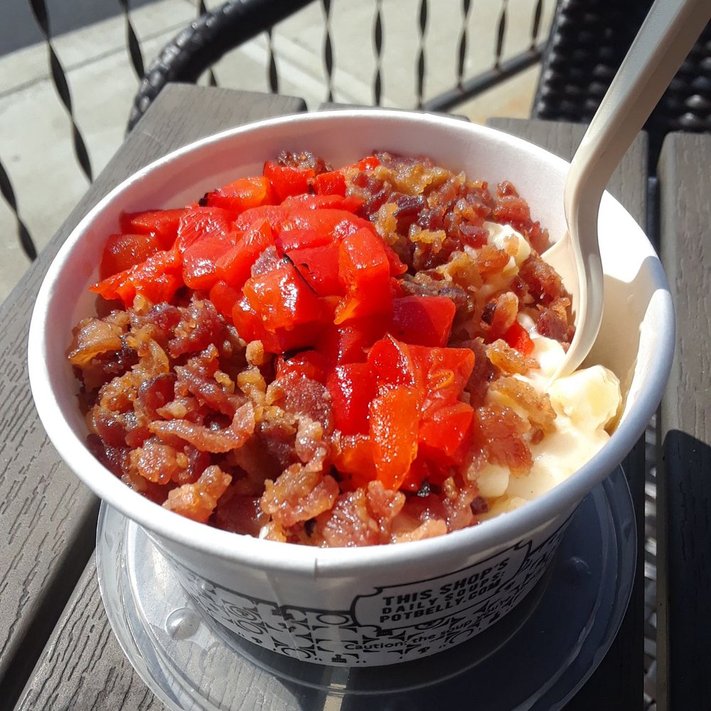 Potbelly - Mac & cheese with bacon & roasted red pepper toppings. Very tasty! - Fast Food Near Me - Cincinnati, Ohio Potbelly - Mac & cheese with bacon & roasted red pepper toppings. Very tasty! - Fast Food Near Me - Cincinnati, Ohio