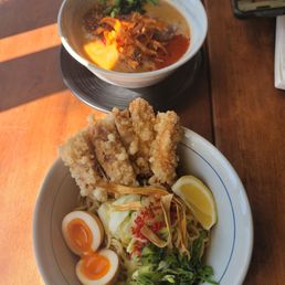 Spicy tsukemen with fried chicken Spicy tsukemen with fried chicken