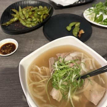 Pho & Roll - regular combo pho with brisket, tripe, and tendon. broth is so yummy. and spicy garlic edamame that were perfect - Vietnamese Near Me - Whittier, California