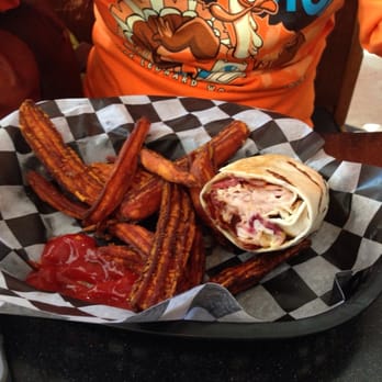 Crossroads Pub & Grill - The In Tow turkey sandwich as a wrap with amazing sweet potato fries - Pizza Near Me - Pine, Colorado