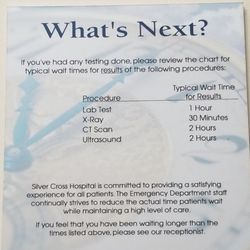 Silver Cross Emergency Care Center - This is a poster in their patient rooms.  Suffice it to say we had an xray and waited over 2 hours and still going...