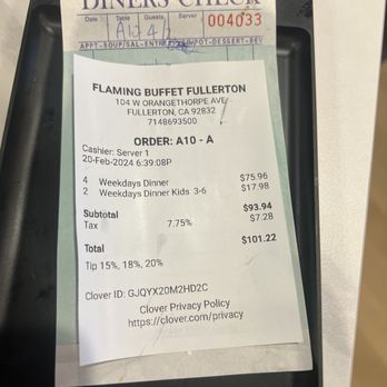 Flaming Buffet - Bill for weekday dinner 4 adults and 2 kids ages 3-6 - Seafood Near Me - Fullerton, California