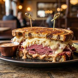 The best hot grilled Reuben in Stuart, FL. Premium corned beef, tangy sauerkraut & melted Swiss on toasted rye at The Whistle Stop.