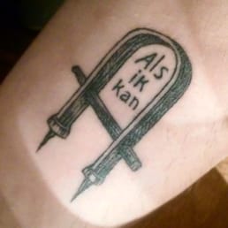 First tattoo. "Als ik kan" to the best of my ability. An old Gustav Stickley stamp. Done at Bee Tattoo, in Chicago.