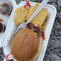 Brisket sandwich, 2 corn bread slices Brisket sandwich, 2 corn bread slices