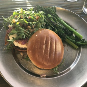 Eureka! - Fresno Fig Burger with a side of Broccolini - American Near Me - Indian Wells, California