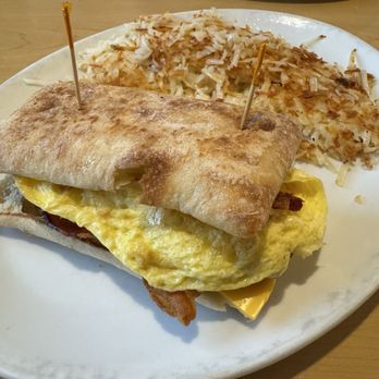 Golden Brunch - Bacon & Cheese Sandwich (On Ciabatta & Hashbrown Side) - Breakfast & Brunch Near Me - Arlington Heights, Illinois Golden Brunch - Bacon & Cheese Sandwich (On Ciabatta & Hashbrown Side) - Breakfast & Brunch Near Me - Arlington Heights, Illinois