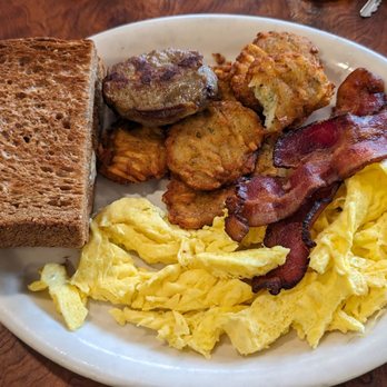 Potato Shack Cafe - Two egg breakfast with potato patties, 2 bacon and sausage patty. - American Near Me - Encinitas, California