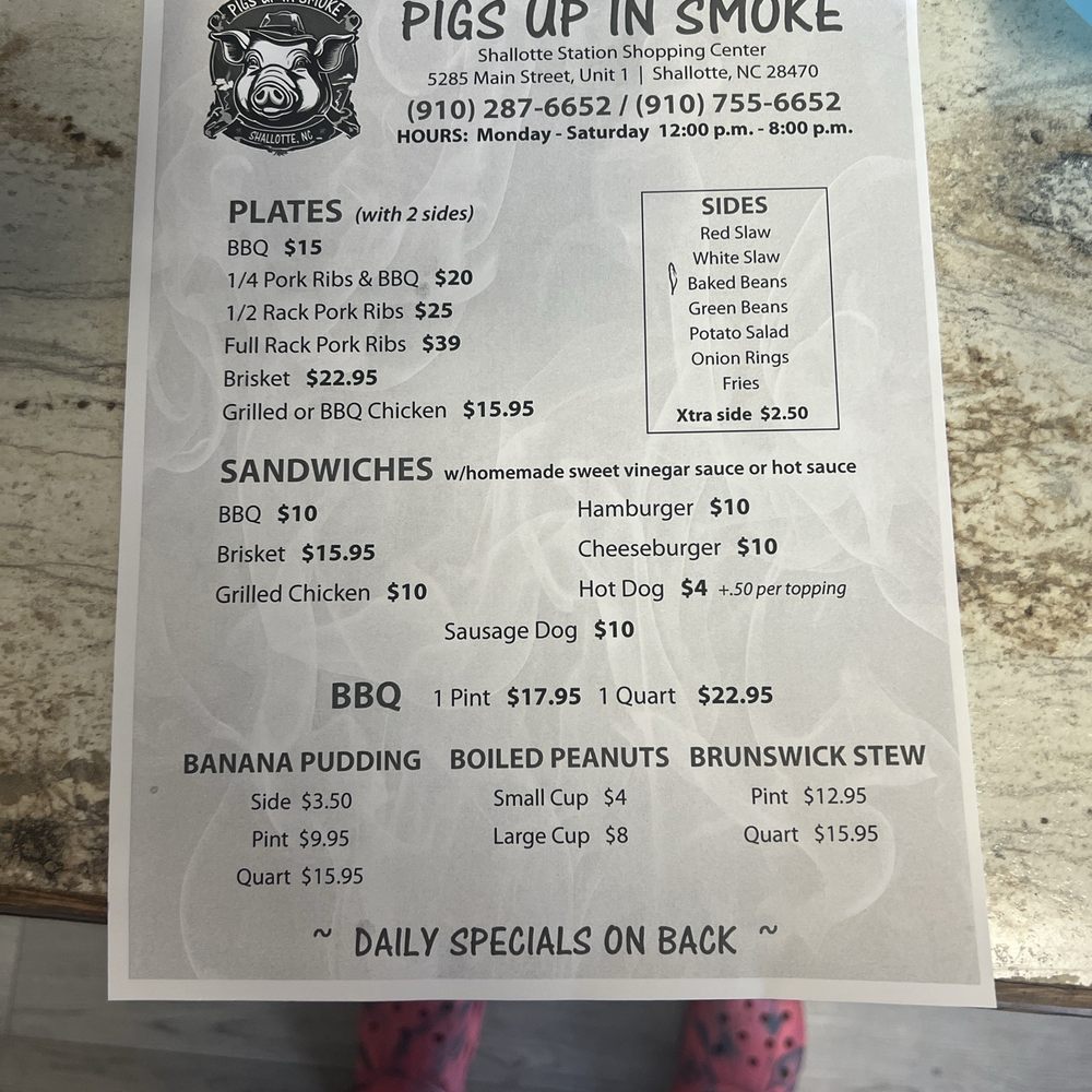 Pigs Up In Smoke BBQ - Menu - Barbeque Near Me - Shallotte, North Carolina Pigs Up In Smoke BBQ - Menu - Barbeque Near Me - Shallotte, North Carolina