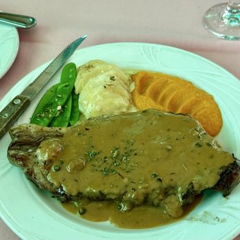 La Vie - Sirloin steak with black, green & pink peppercorn sauce. Sides are sautéed snow peas, scalloped potatoes, and carrot purée - French Near Me - Rosemead, California