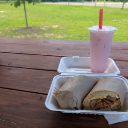 Lemongrass Kitchen - Shrimp Bahn Mi with fried egg, Korean strawberry milk